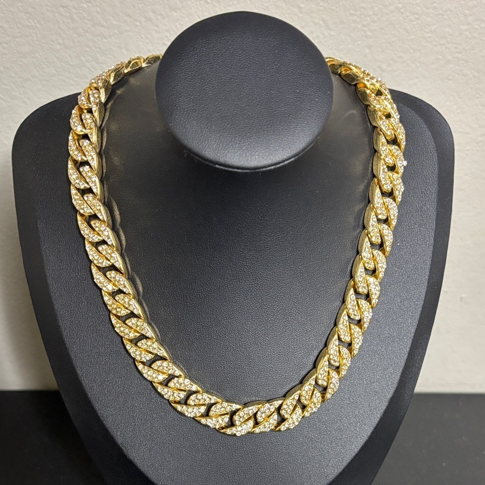 Luxurious Gold Tone Rhinestone Bling Choker Collar Statement Cuban Link Necklace